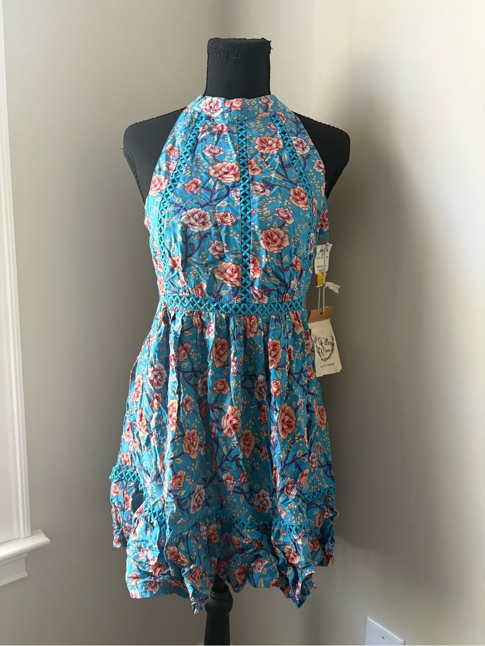 Blue Floral Halter Dress